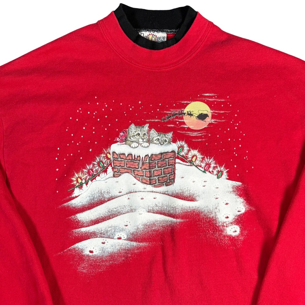 Jerzees Day Breeze Christmas Kitten Sweatshirt Unisex L Red Vintage 90s Holiday
